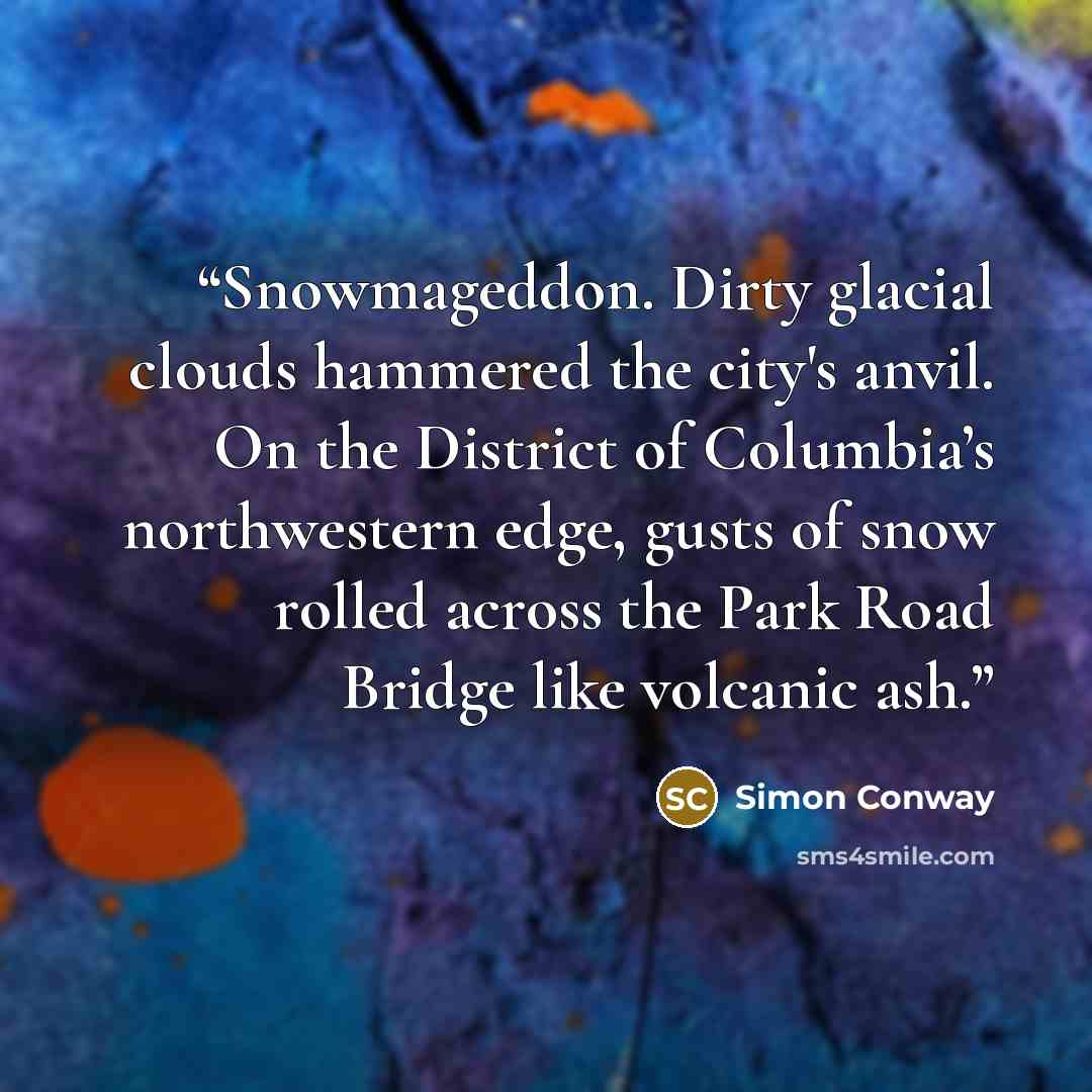 “Snowmageddon. Dirty glacial clouds hammered the city's anvil. On the District of Columbia’s northwestern edge, gusts of snow rolled across the Park Road Bridge like volcanic ash.” quote by Simon Conway