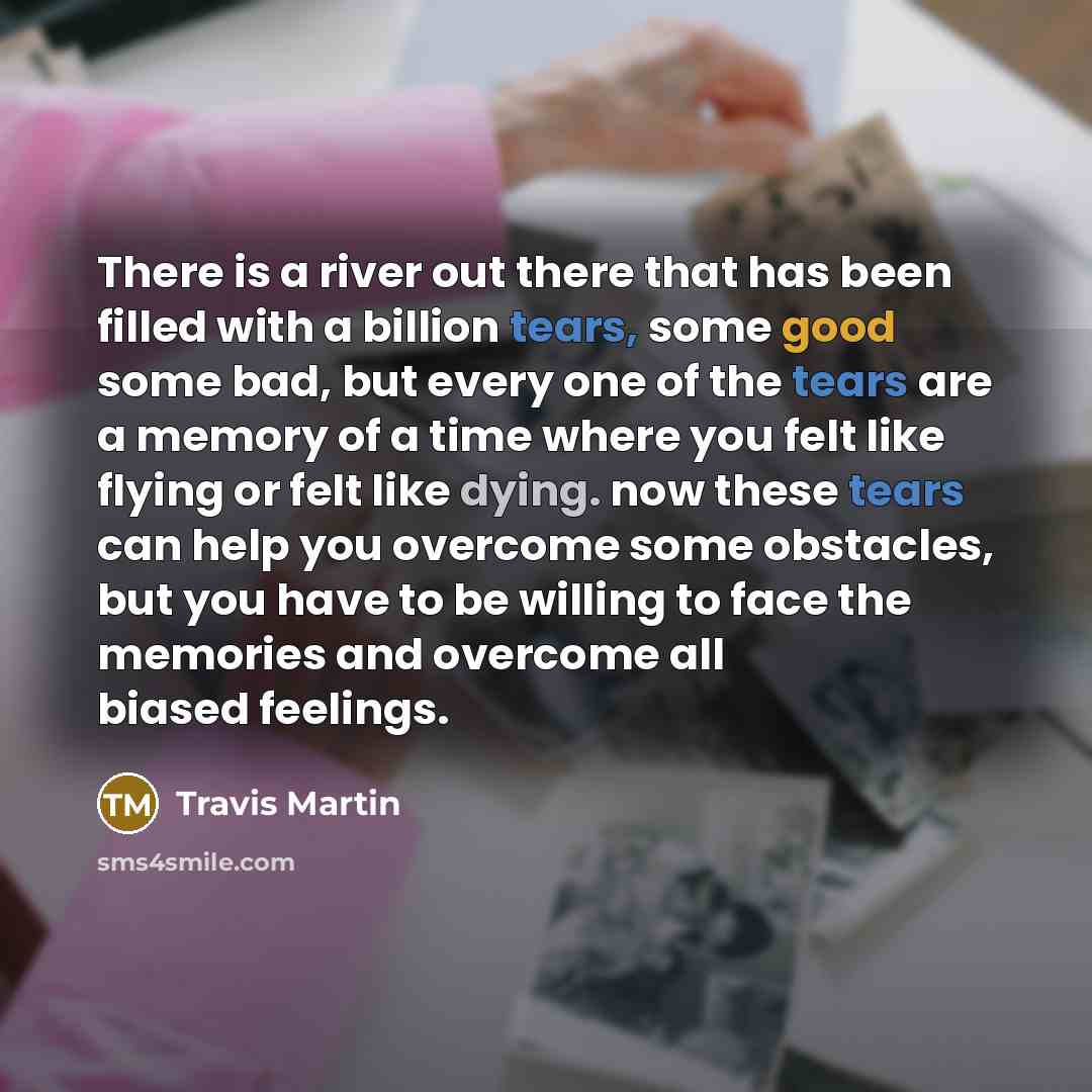 “There is a river out there that has been filled with a billion tears, some good some bad, but every one of the tears are a memory of a time where you felt like flying or felt like dying. now these tears can help you overcome some obstacles, but you have to be willing to face the memories and…” quote by Travis Martin