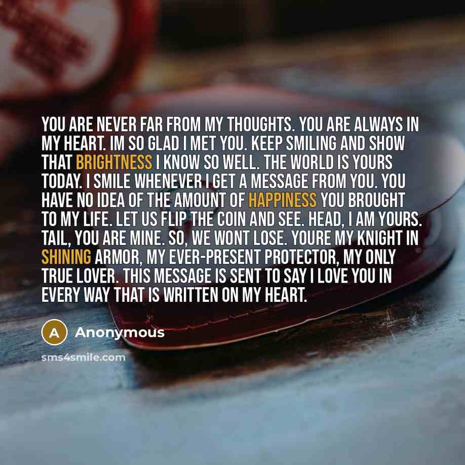 “You are never far from my thoughts. You are always in my heart. Im so glad I met you. Keep smiling and show that brightness I know so well. The world is yours today. I smile whenever I get a message from you. You have no idea of the amount of happiness you brought to my life. Let us flip the coin…” quote by Anonymous