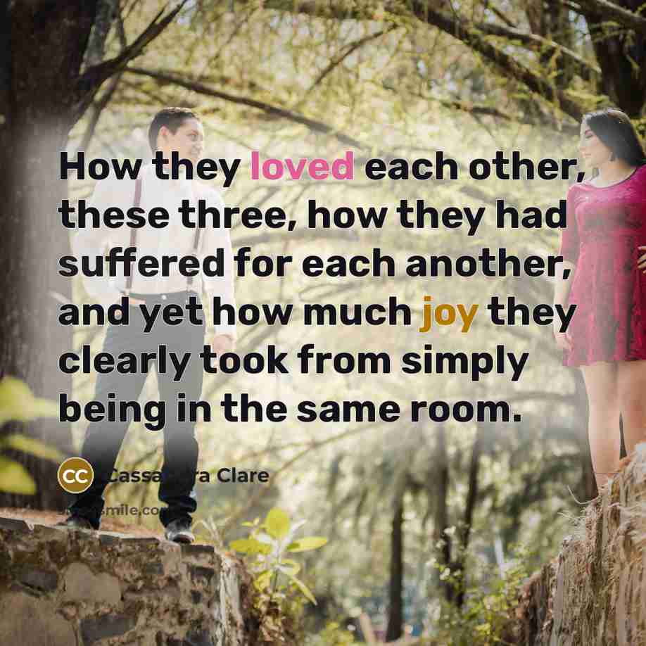 “How they loved each other, these three, how they had suffered for each another, and yet how much joy they clearly took from simply being in the same room.” quote by Cassandra Clare