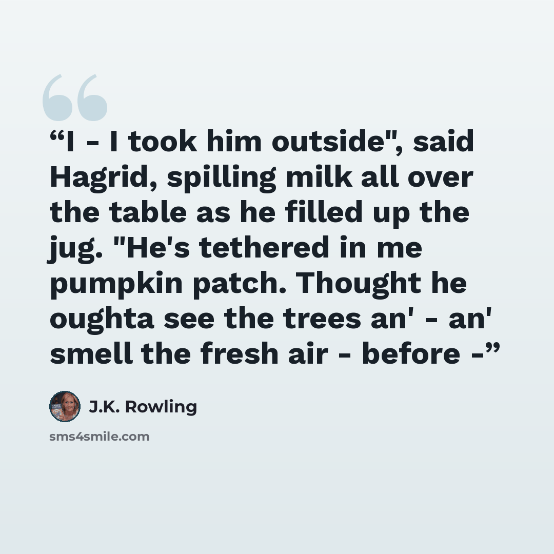 “I - I took him outside", said Hagrid, spilling milk all over the table as he filled up the jug. "He's tethered in me pumpkin patch. Thought he oughta see the trees an' - an' smell the fresh air - before -” quote by J.K. Rowling