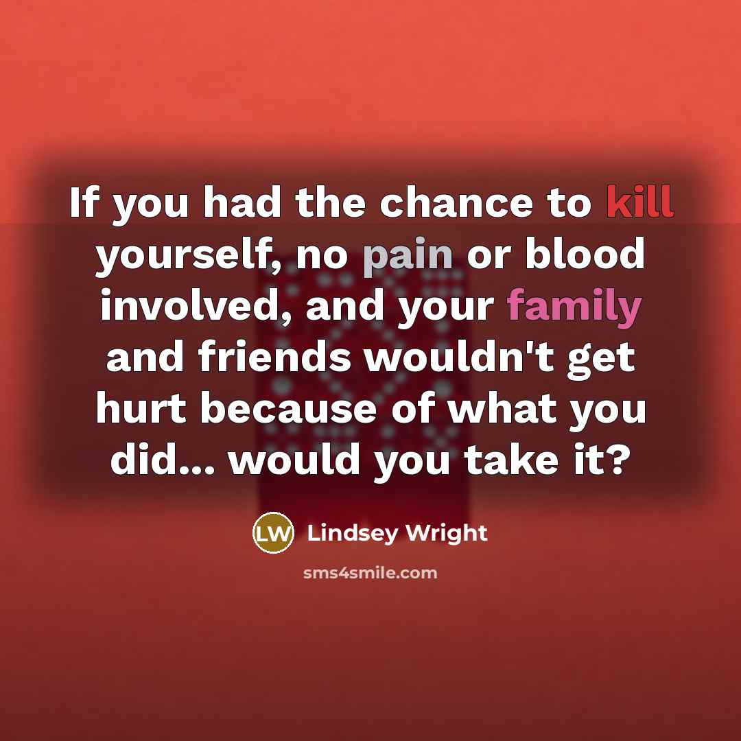 “If you had the chance to kill yourself, no pain or blood involved, and your family and friends wouldn't get hurt because of what you did... would you take it?” quote by Lindsey Wright