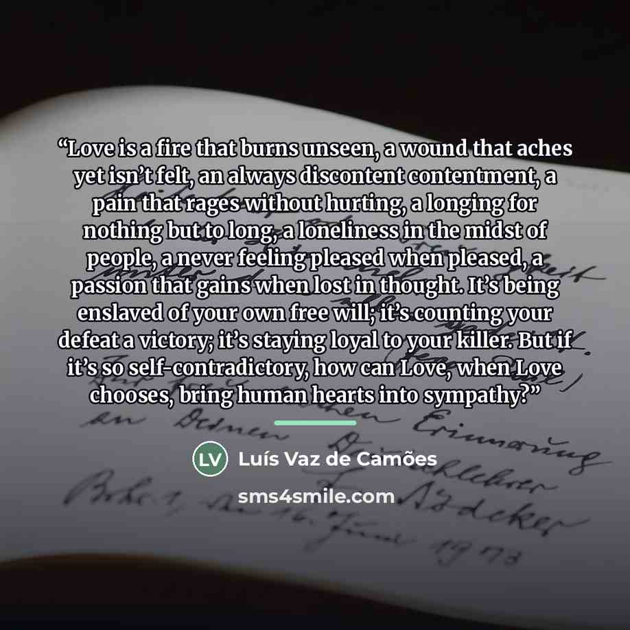 “Love is a fire that burns unseen, a wound that aches yet isn’t felt, an always discontent contentment, a pain that rages without hurting, a longing for nothing but to long, a loneliness in the midst of people, a never feeling pleased when pleased, a passion that gains when lost in thought. It’s…” quote by Luís Vaz de Camões