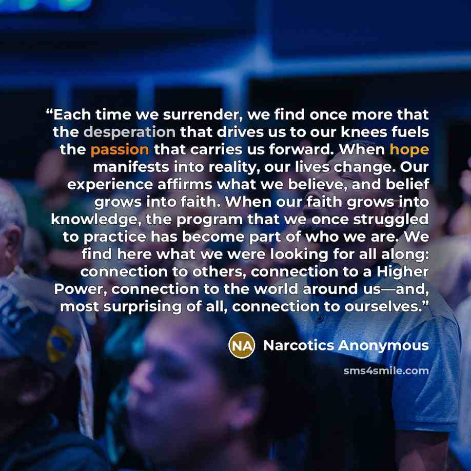 “Each time we surrender, we find once more that the desperation that drives us to our knees fuels the passion that carries us forward. When hope manifests into reality, our lives change. Our experience affirms what we believe, and belief grows into faith. When our faith grows into knowledge, the…” quote by Narcotics Anonymous