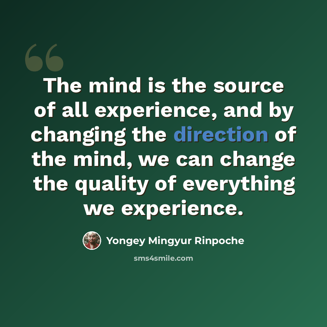 “The mind is the source of all experience, and by changing the direction of the mind, we can change the quality of everything we experience.” quote by Yongey Mingyur Rinpoche