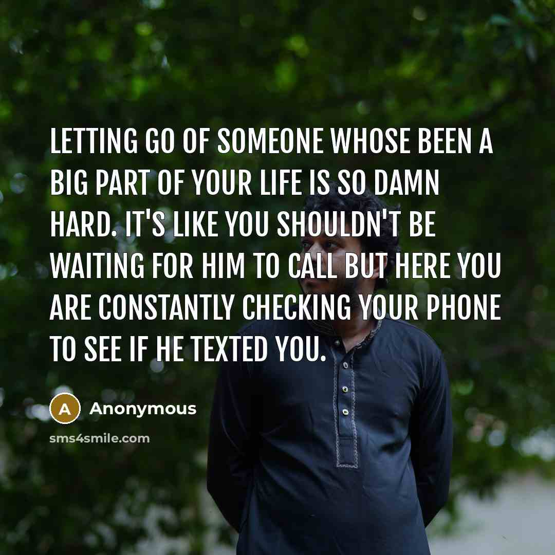 “Letting go of someone whose been a big part of your life is so damn hard. It's like you shouldn't be waiting for him to call but here you are constantly checking your phone to see if he texted you.” quote by Anonymous