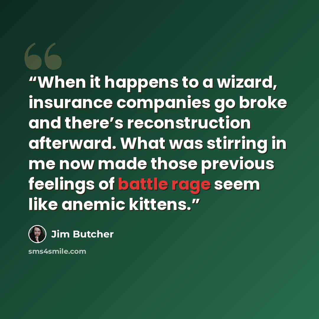 “When it happens to a wizard, insurance companies go broke and there’s reconstruction afterward. What was stirring in me now made those previous feelings of battle rage seem like anemic kittens.” quote by Jim Butcher