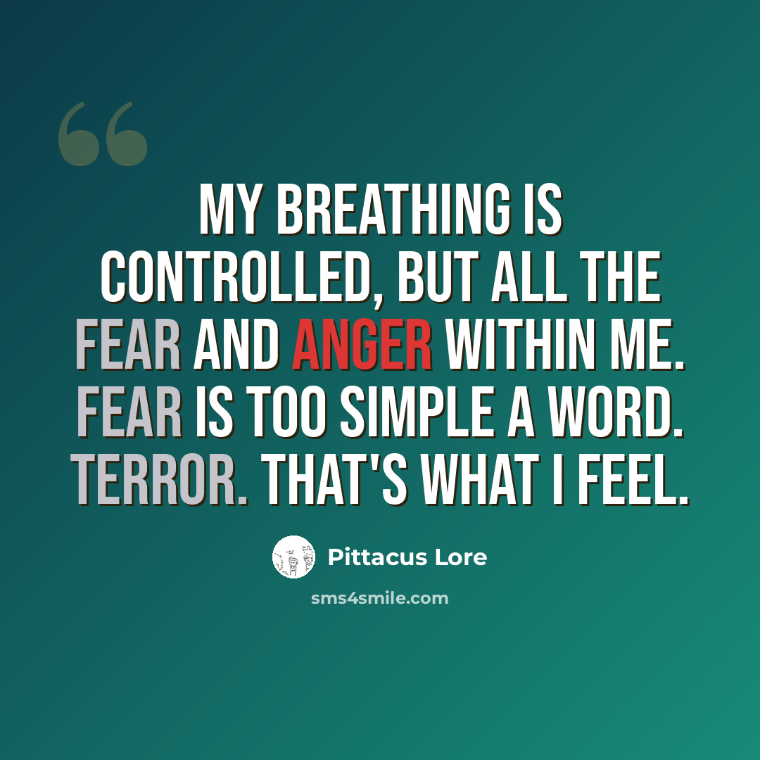 “My breathing is controlled, but all the fear and anger within me. Fear is too simple a word. Terror. That's what I feel.” quote by Pittacus Lore