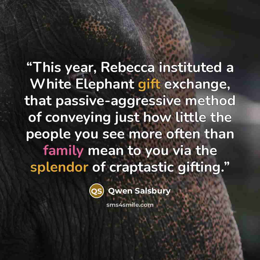 “This year, Rebecca instituted a White Elephant gift exchange, that passive-aggressive method of conveying just how little the people you see more often than family mean to you via the splendor of craptastic gifting.” quote by Qwen Salsbury