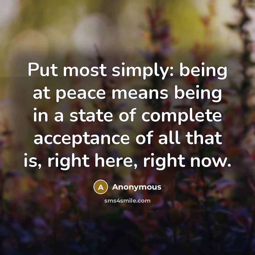 “Put most simply: being at peace means being in a state of complete acceptance of all that is, right here, right now.” quote by Anonymous