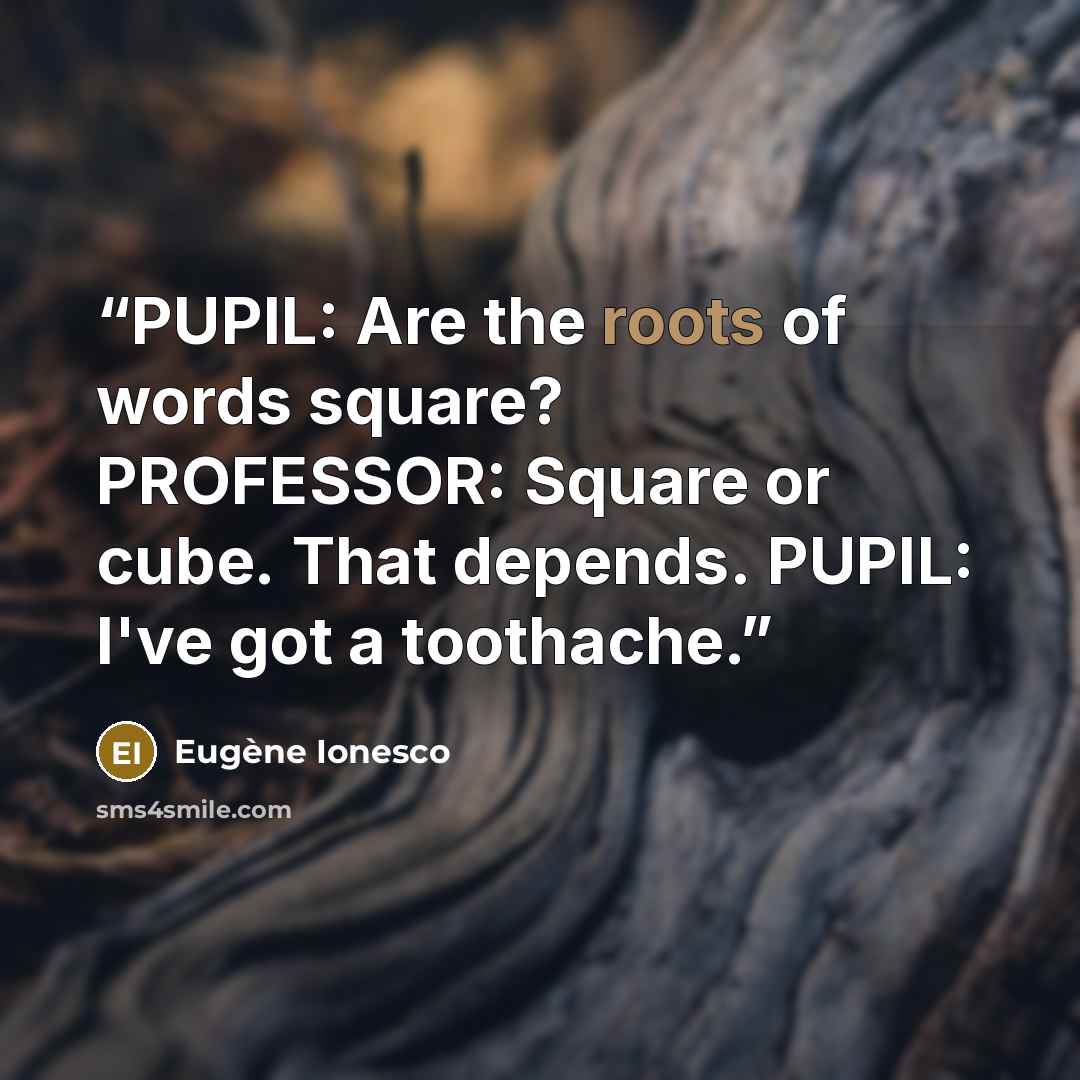“PUPIL: Are the roots of words square? PROFESSOR: Square or cube. That depends. PUPIL: I've got a toothache.” quote by Eugène Ionesco