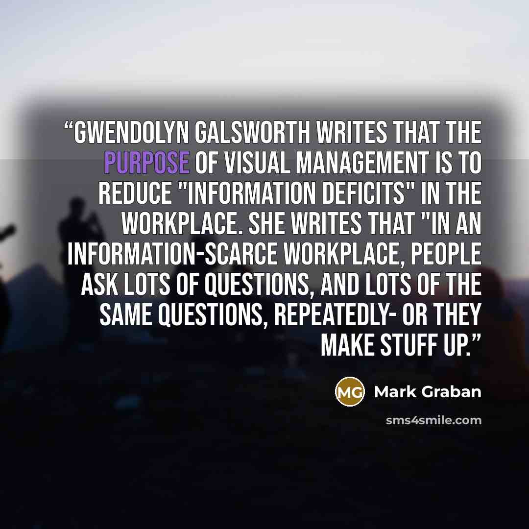 “Gwendolyn Galsworth writes that the purpose of visual management is to reduce "information deficits" in the workplace. She writes that "In an information-scarce workplace, people ask lots of questions, and lots of the same questions, repeatedly- or they make stuff up.” quote by Mark Graban