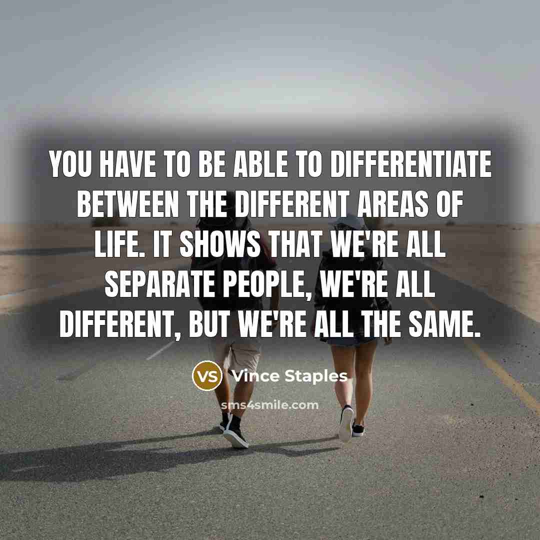 “You have to be able to differentiate between the different areas of life. It shows that we're all separate people, we're all different, but we're all the same.” quote by Vince Staples