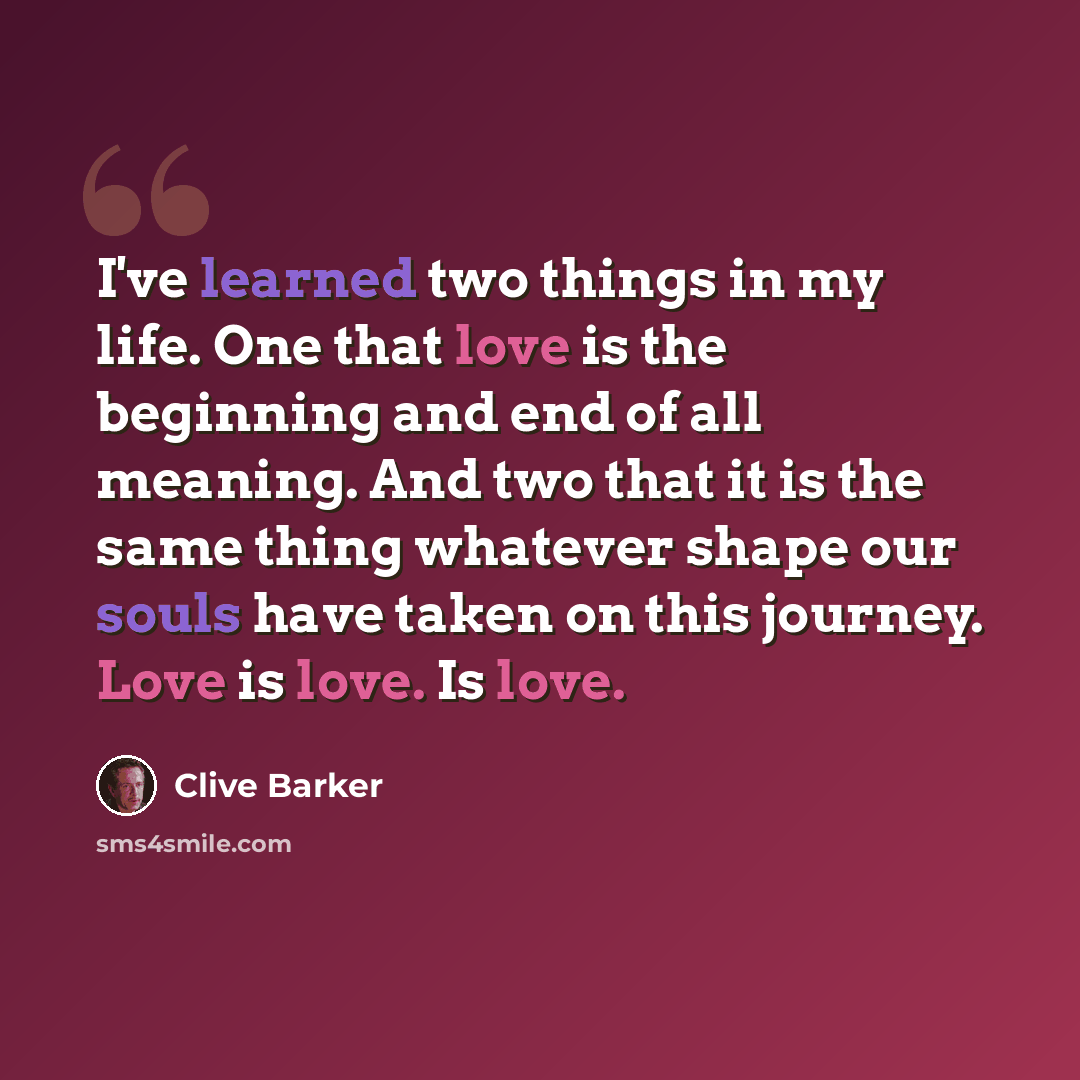 “I've learned two things in my life. One that love is the beginning and end of all meaning. And two that it is the same thing whatever shape our souls have taken on this journey. Love is love. Is love.” quote by Clive Barker