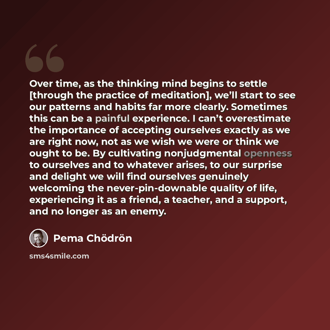 “Over time, as the thinking mind begins to settle [through the practice of meditation], we’ll start to see our patterns and habits far more clearly. Sometimes this can be a painful experience. I can’t overestimate the importance of accepting ourselves exactly as we are right now, not as we wish we…” quote by Pema Chodron