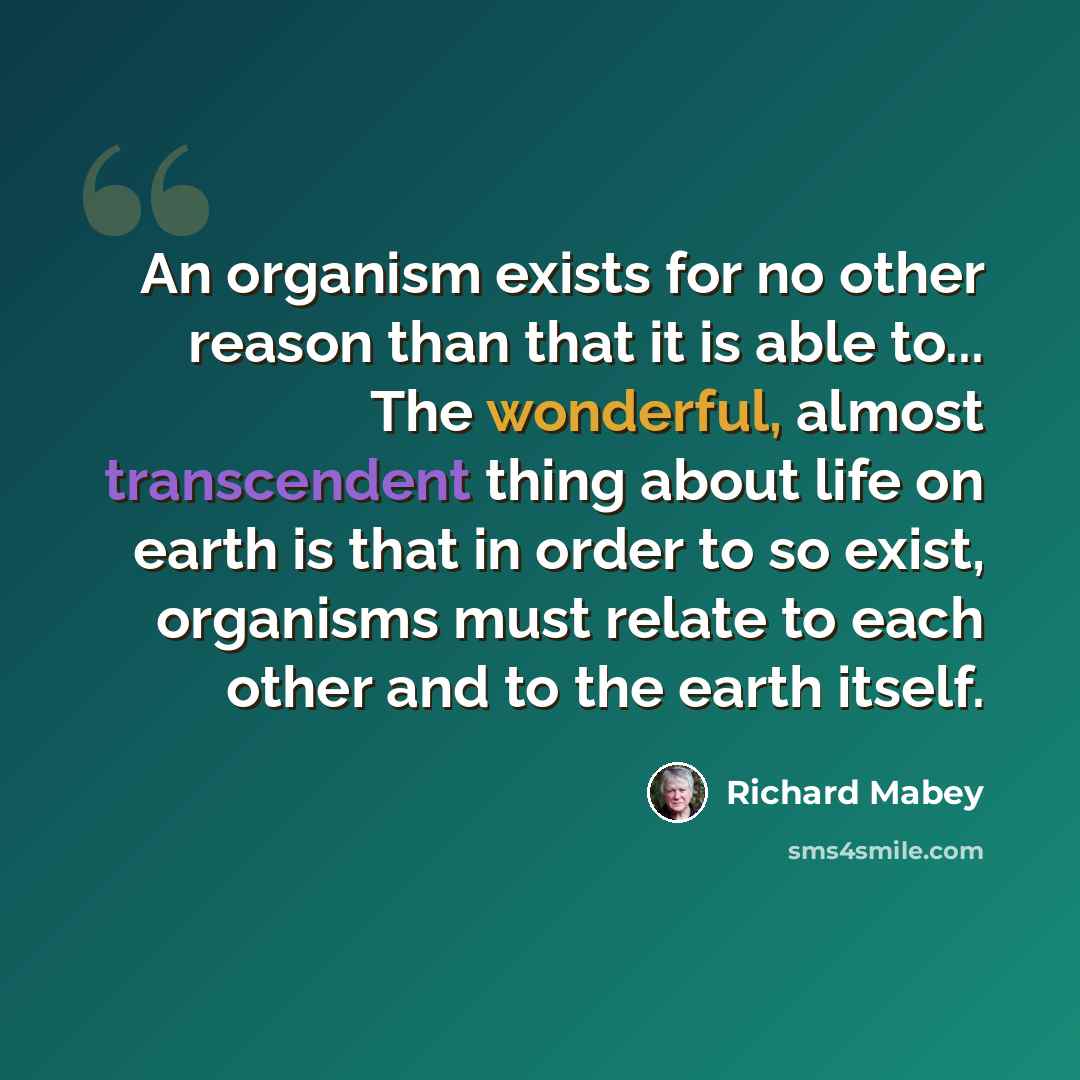 “An organism exists for no other reason than that it is able to... The wonderful, almost transcendent thing about life on earth is that in order to so exist, organisms must relate to each other and to the earth itself.” quote by Richard Mabey