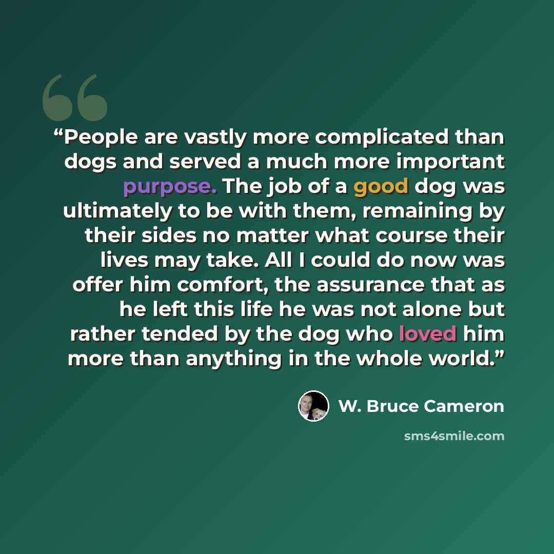 “People are vastly more complicated than dogs and served a much more important purpose. The job of a good dog was ultimately to be with them, remaining by their sides no matter what course their lives may take. All I could do now was offer him comfort, the assurance that as he left this life he was…” quote by W. Bruce Cameron