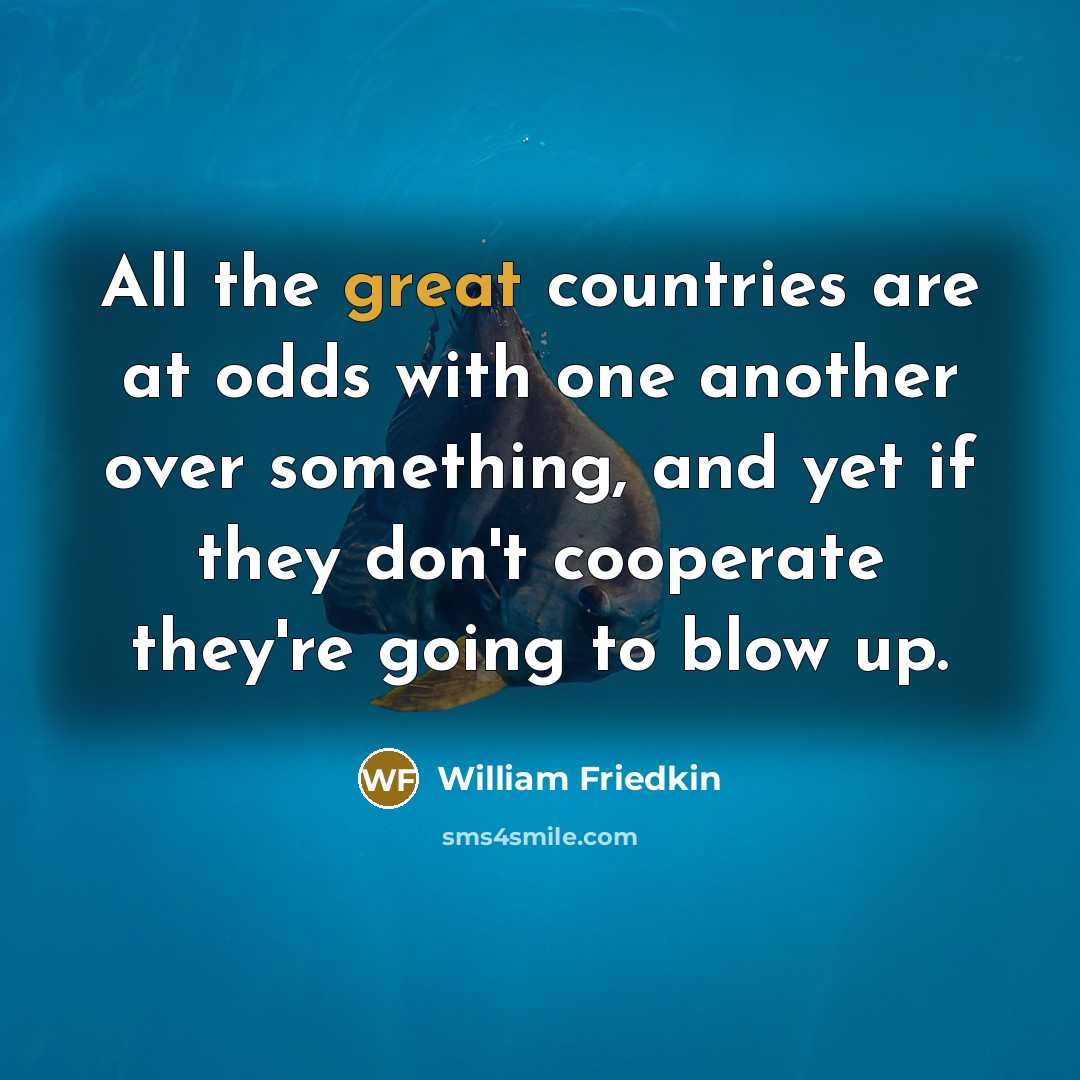 “All the great countries are at odds with one another over something, and yet if they don't cooperate they're going to blow up.” quote by William Friedkin