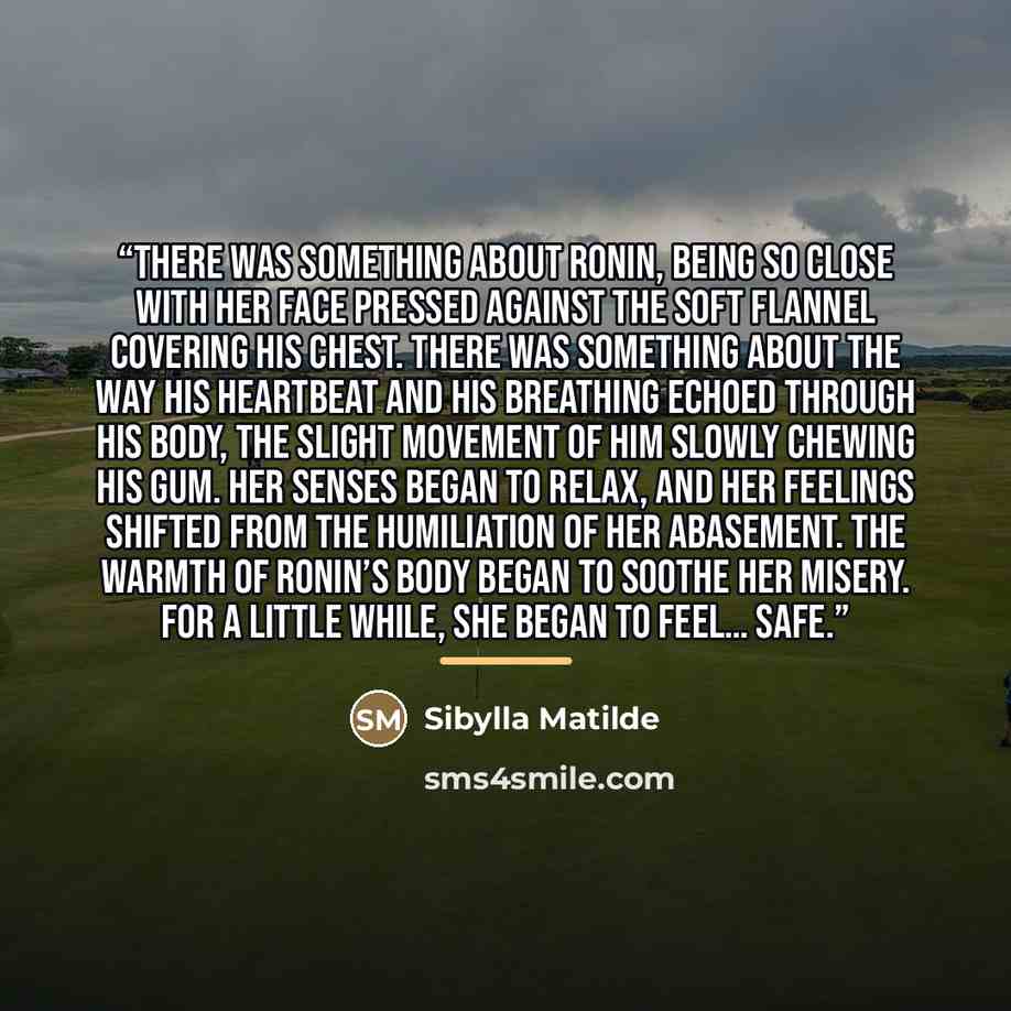 “There was something about Ronin, being so close with her face pressed against the soft flannel covering his chest. There was something about the way his heartbeat and his breathing echoed through his body, the slight movement of him slowly chewing his gum. Her senses began to relax, and her…” quote by Sibylla Matilde
