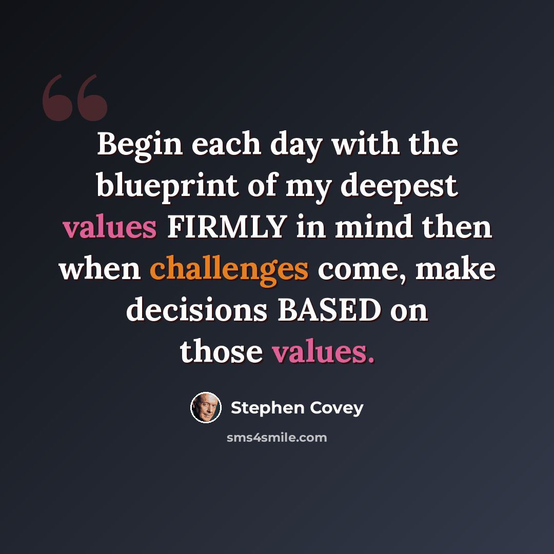 “Begin each day with the blueprint of my deepest values FIRMLY in mind then when challenges come, make decisions BASED on those values.” quote by Stephen Covey