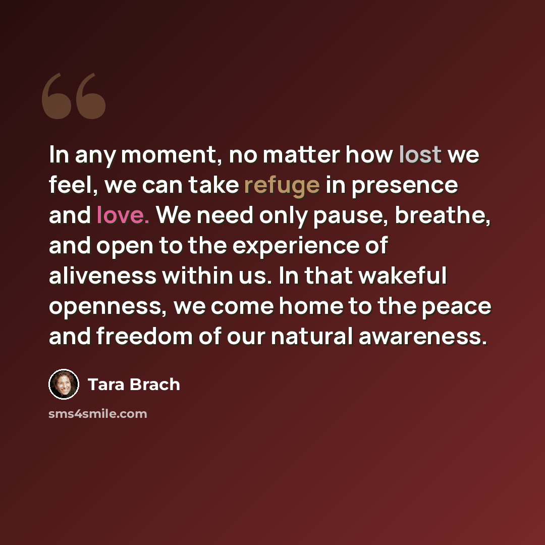 “In any moment, no matter how lost we feel, we can take refuge in presence and love. We need only pause, breathe, and open to the experience of aliveness within us. In that wakeful openness, we come home to the peace and freedom of our natural awareness.” quote by Tara Brach