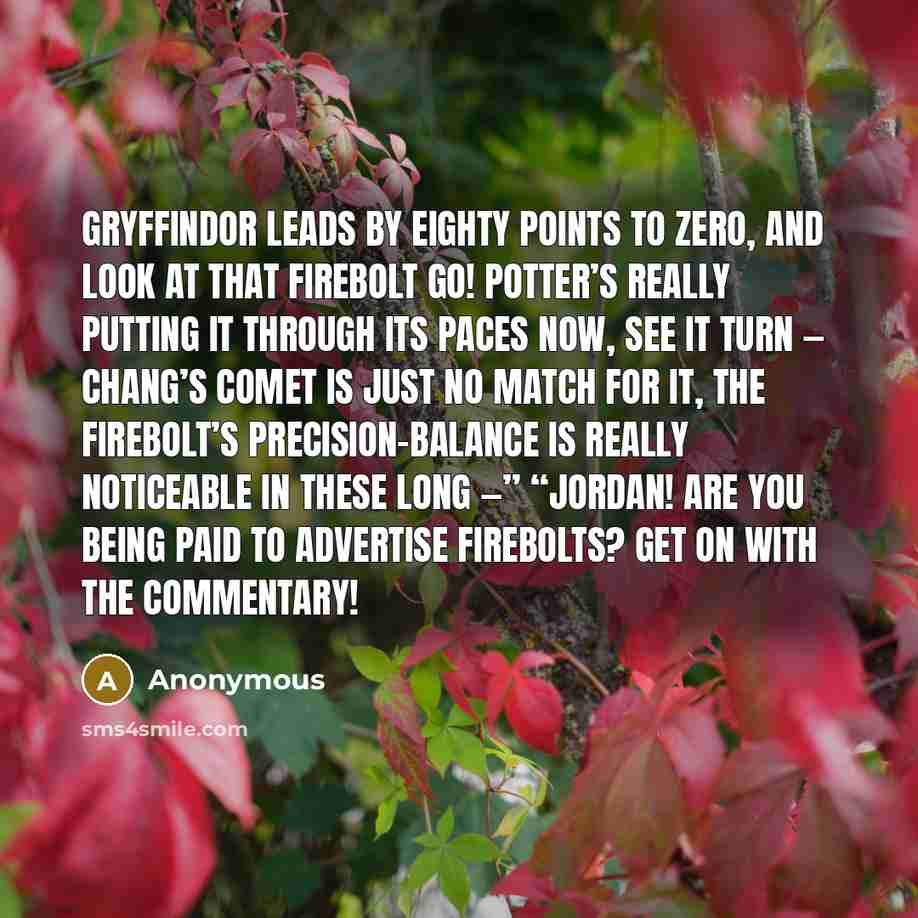 “Gryffindor leads by eighty points to zero, and look at that Firebolt go! Potter’s really putting it through its paces now, see it turn — Chang’s Comet is just no match for it, the Firebolt’s precision-balance is really noticeable in these long —” “JORDAN! ARE YOU BEING PAID TO ADVERTISE FIREBOLTS?…” quote by Anonymous