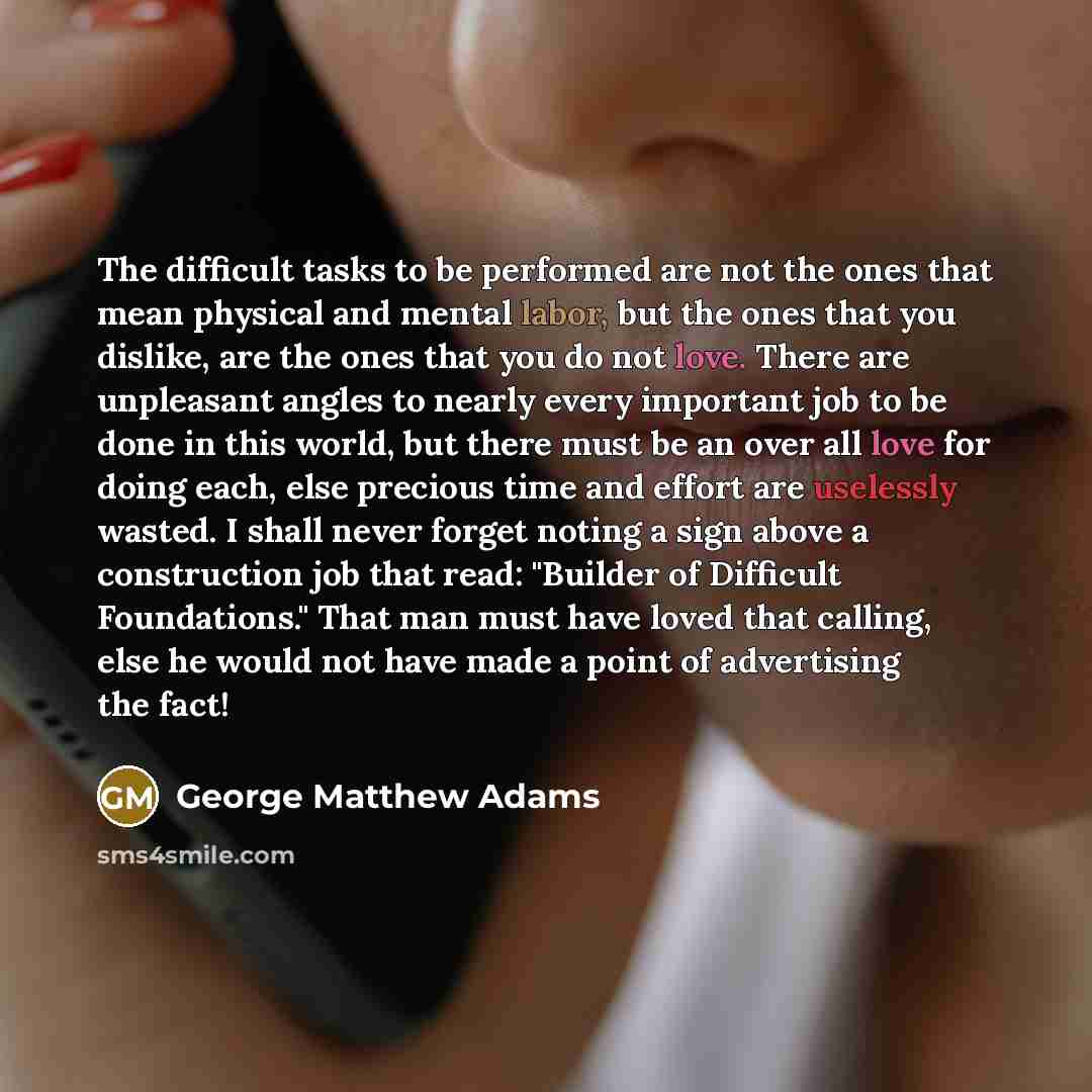 “The difficult tasks to be performed are not the ones that mean physical and mental labor, but the ones that you dislike, are the ones that you do not love. There are unpleasant angles to nearly every important job to be done in this world, but there must be an over all love for doing each, else…” quote by George Matthew Adams
