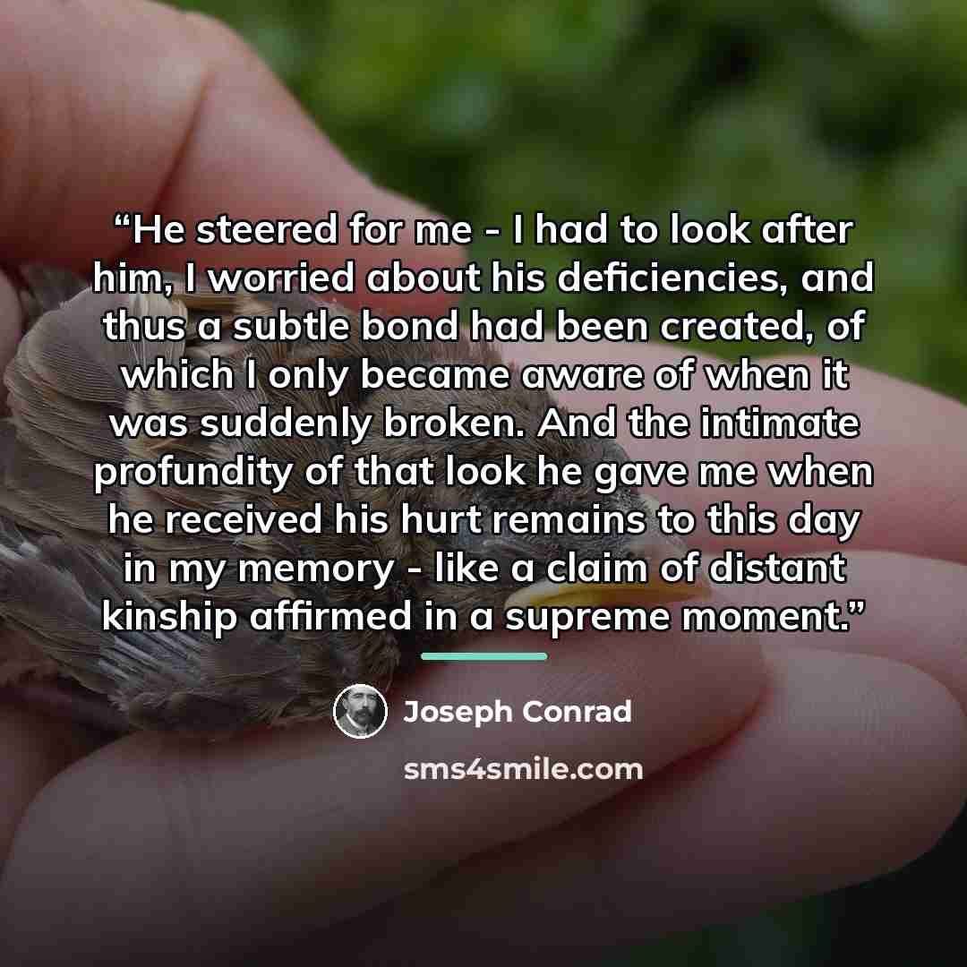 “He steered for me - I had to look after him, I worried about his deficiencies, and thus a subtle bond had been created, of which I only became aware of when it was suddenly broken. And the intimate profundity of that look he gave me when he received his hurt remains to this day in my memory - like…” quote by Joseph Conrad