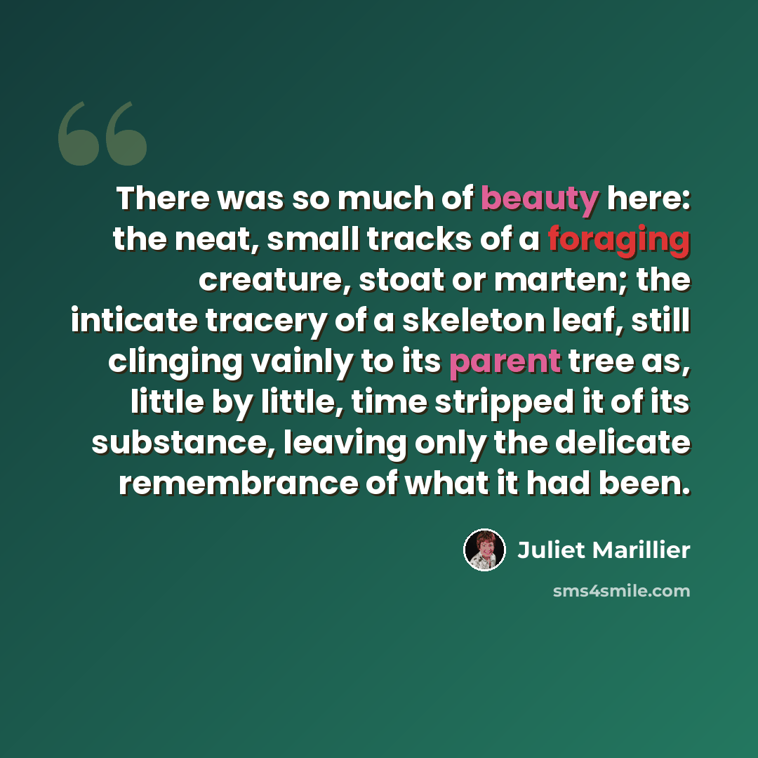 “There was so much of beauty here: the neat, small tracks of a foraging creature, stoat or marten; the inticate tracery of a skeleton leaf, still clinging vainly to its parent tree as, little by little, time stripped it of its substance, leaving only the delicate remembrance of what it had been.” quote by Juliet Marillier