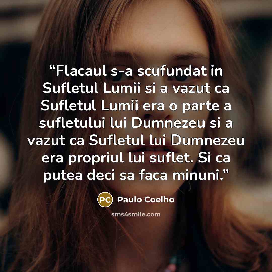 “Flacaul s-a scufundat in Sufletul Lumii si a vazut ca Sufletul Lumii era o parte a sufletului lui Dumnezeu si a vazut ca Sufletul lui Dumnezeu era propriul lui suflet. Si ca putea deci sa faca minuni.” quote by Paulo Coelho