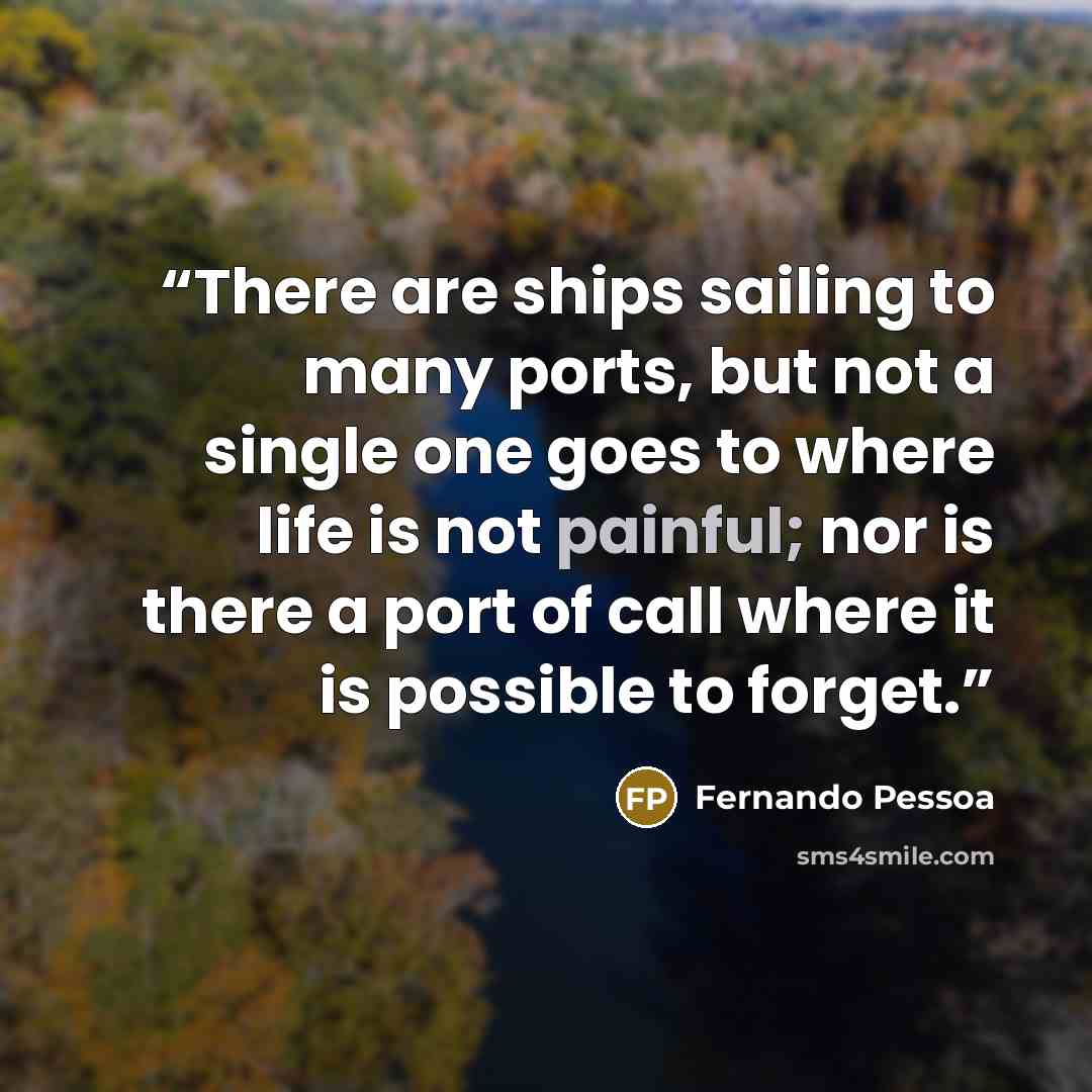 “There are ships sailing to many ports, but not a single one goes to where life is not painful; nor is there a port of call where it is possible to forget.” quote by Fernando Pessoa