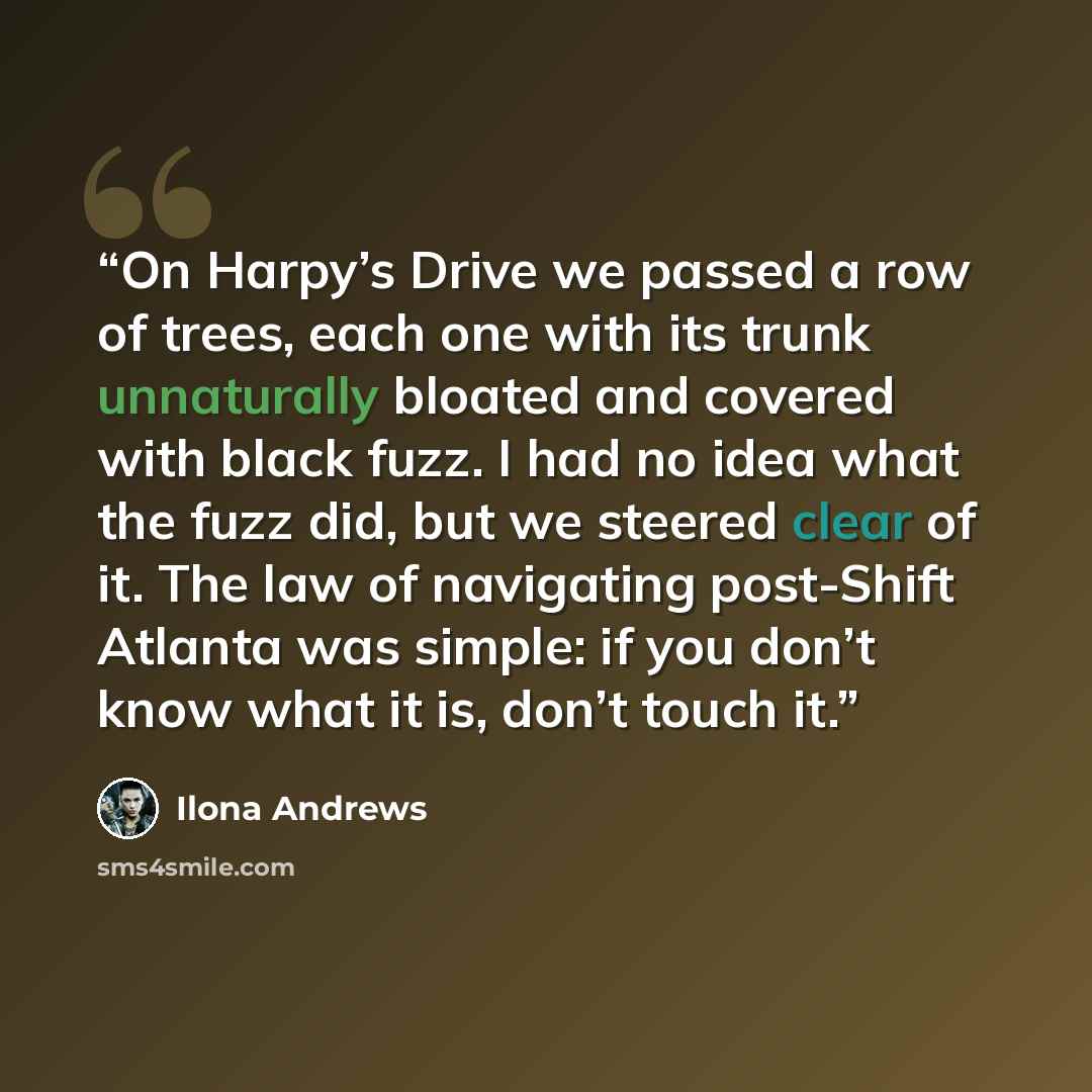 “On Harpy’s Drive we passed a row of trees, each one with its trunk unnaturally bloated and covered with black fuzz. I had no idea what the fuzz did, but we steered clear of it. The law of navigating post-Shift Atlanta was simple: if you don’t know what it is, don’t touch it.” quote by Ilona Andrews