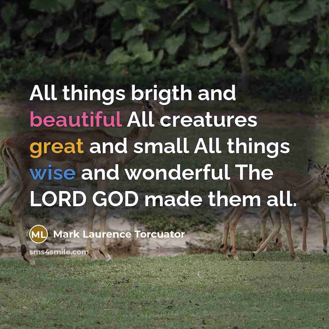 “All things brigth and beautiful All creatures great and small All things wise and wonderful The LORD GOD made them all.” quote by Mark Laurence Torcuator