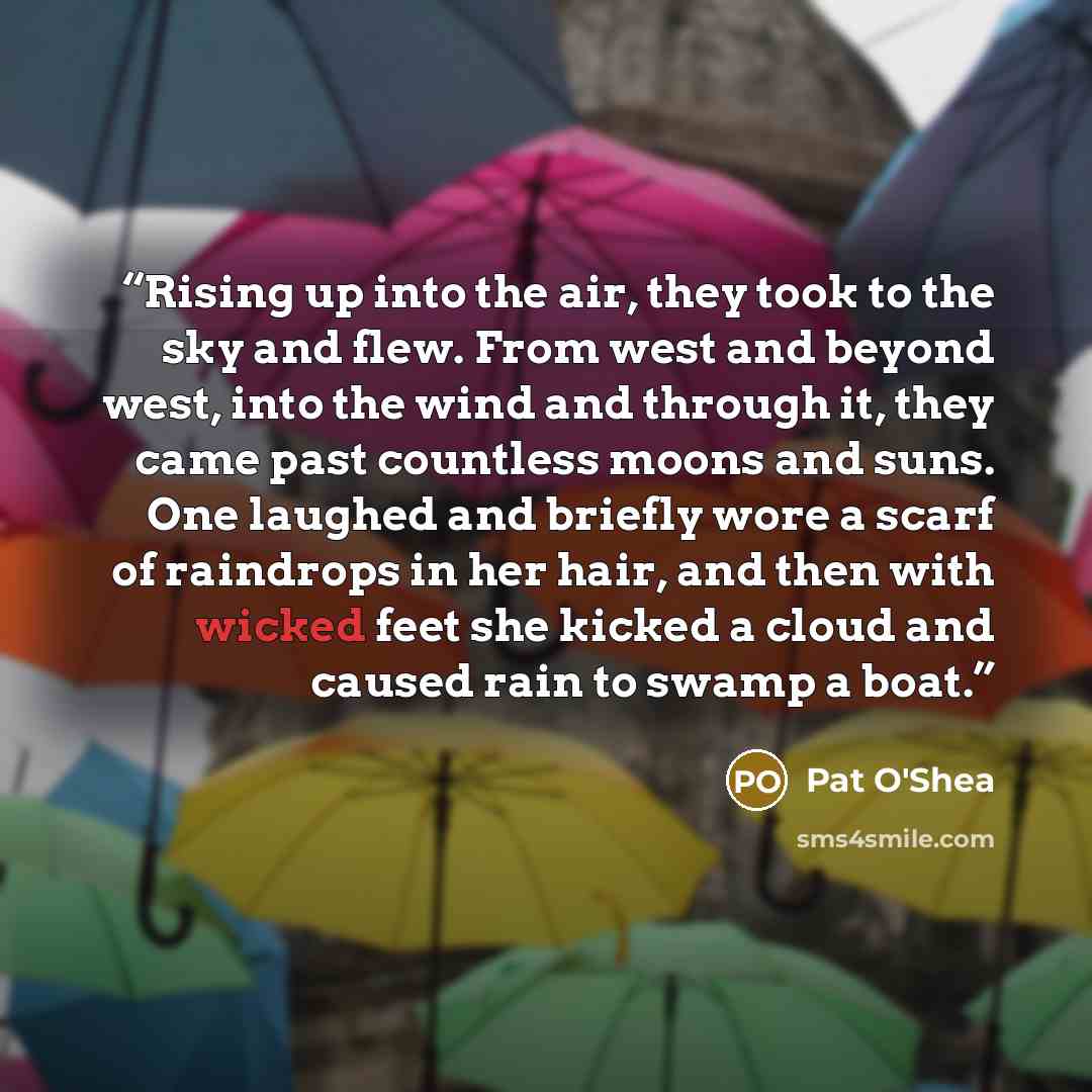 “Rising up into the air, they took to the sky and flew. From west and beyond west, into the wind and through it, they came past countless moons and suns. One laughed and briefly wore a scarf of raindrops in her hair, and then with wicked feet she kicked a cloud and caused rain to swamp a boat.” quote by Pat O'Shea