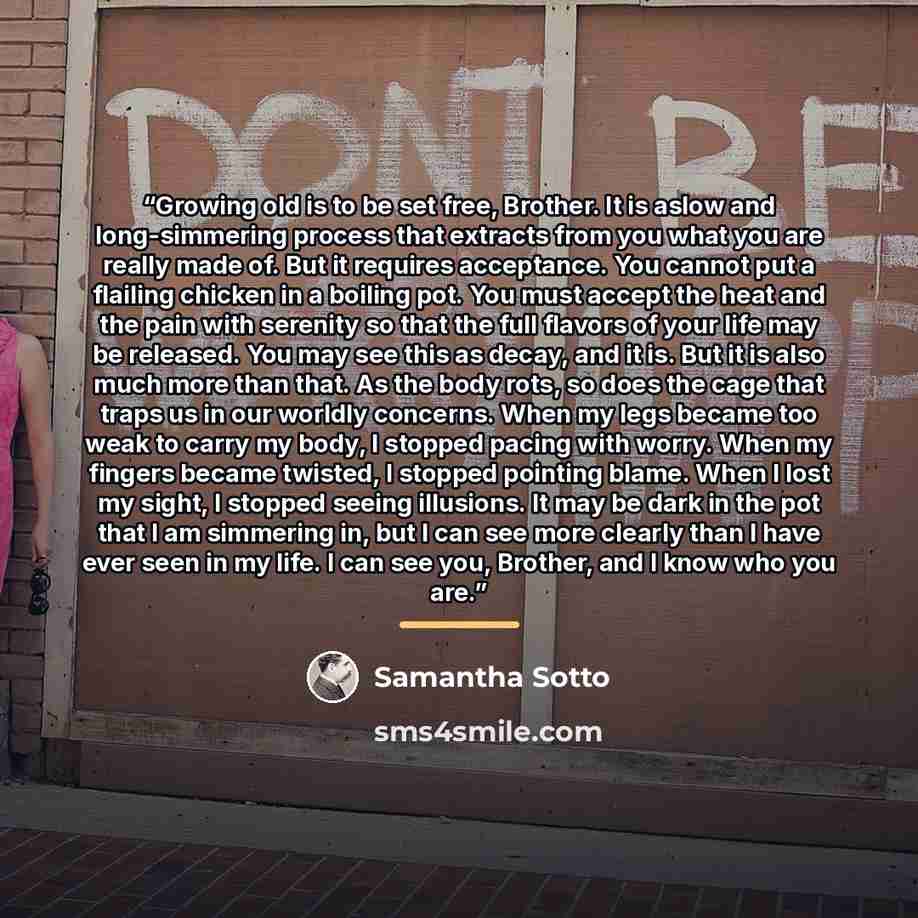 “Growing old is to be set free, Brother. It is aslow and long-simmering process that extracts from you what you are really made of. But it requires acceptance. You cannot put a flailing chicken in a boiling pot. You must accept the heat and the pain with serenity so that the full flavors of your…” quote by Samantha Sotto