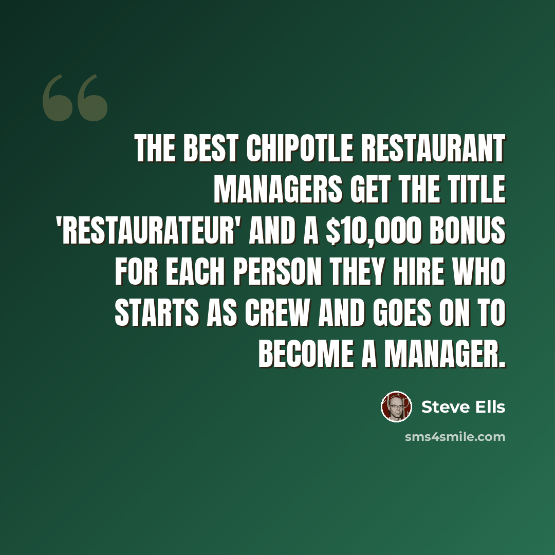 “The best Chipotle restaurant managers get the title 'restaurateur' and a $10,000 bonus for each person they hire who starts as crew and goes on to become a manager.” quote by Steve Ells