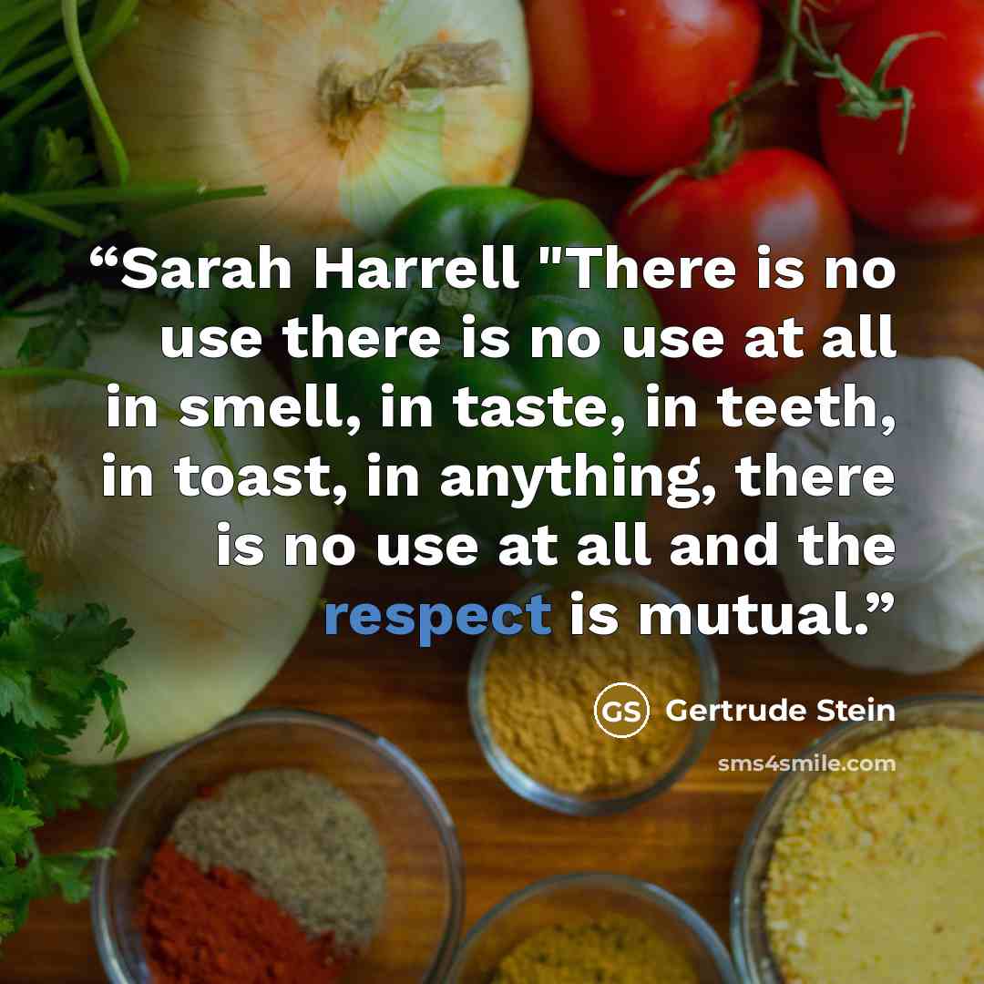 “Sarah Harrell "There is no use there is no use at all in smell, in taste, in teeth, in toast, in anything, there is no use at all and the respect is mutual.” quote by Gertrude Stein