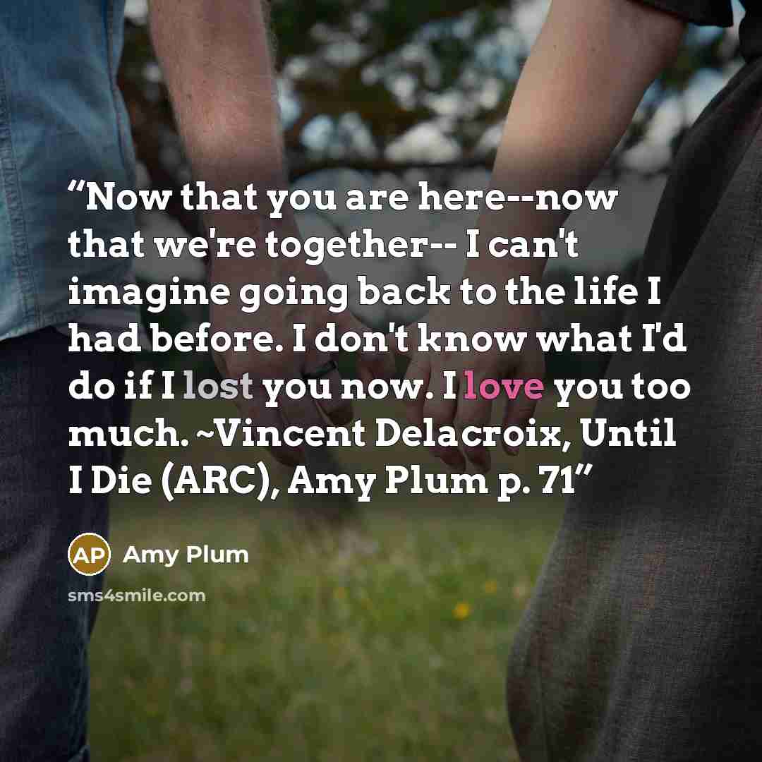 “Now that you are here--now that we're together-- I can't imagine going back to the life I had before. I don't know what I'd do if I lost you now. I love you too much. ~Vincent Delacroix, Until I Die (ARC), Amy Plum p. 71” quote by Amy Plum