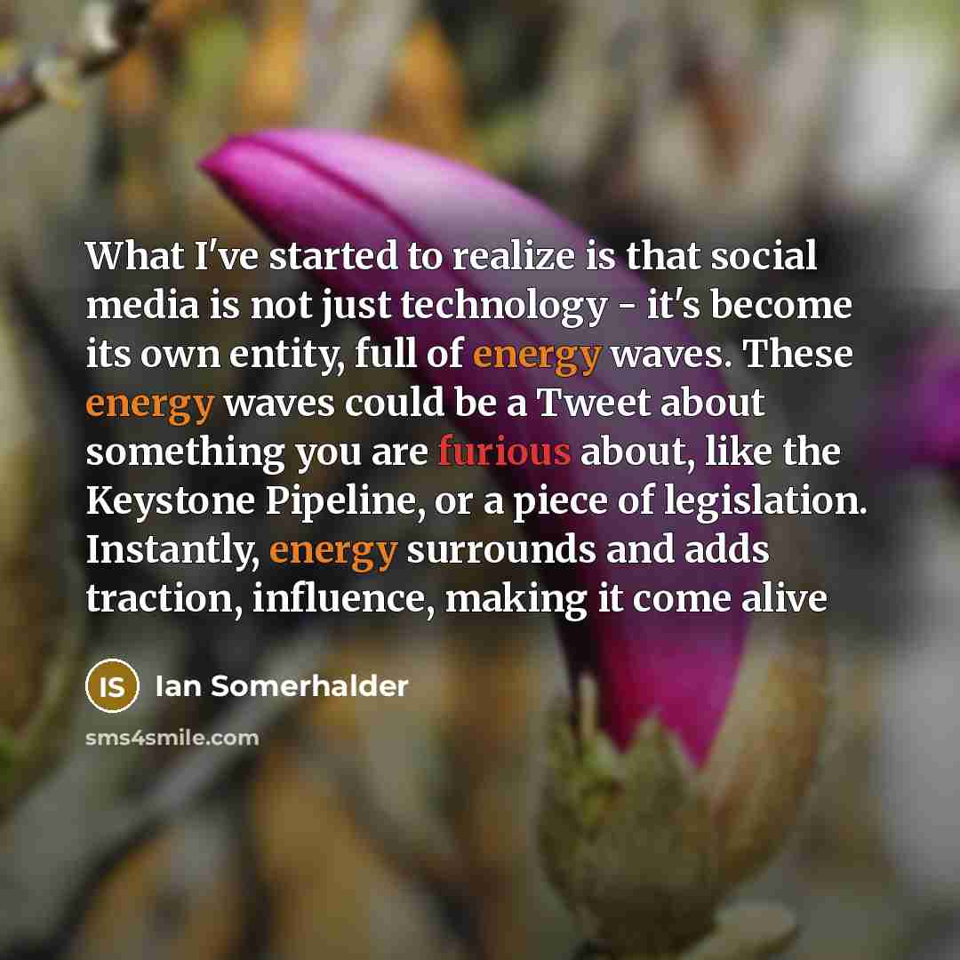 “What I've started to realize is that social media is not just technology - it's become its own entity, full of energy waves. These energy waves could be a Tweet about something you are furious about, like the Keystone Pipeline, or a piece of legislation. Instantly, energy surrounds and adds…” quote by Ian Somerhalder