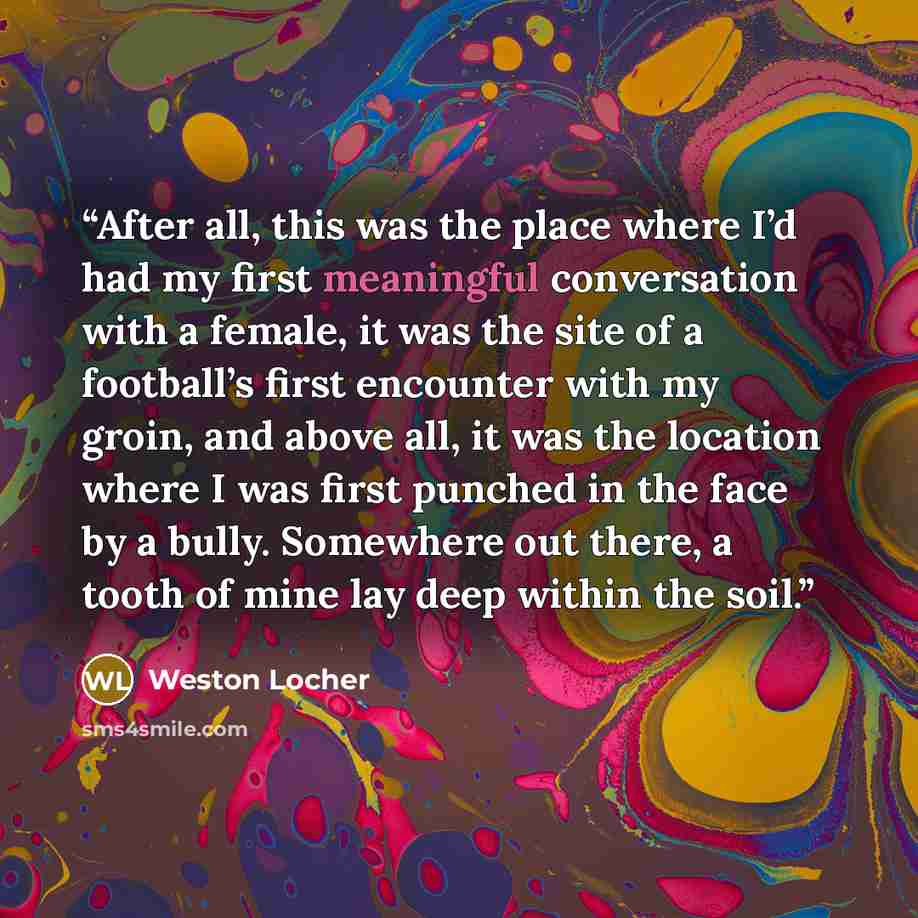“After all, this was the place where I’d had my first meaningful conversation with a female, it was the site of a football’s first encounter with my groin, and above all, it was the location where I was first punched in the face by a bully. Somewhere out there, a tooth of mine lay deep within the…” quote by Weston Locher