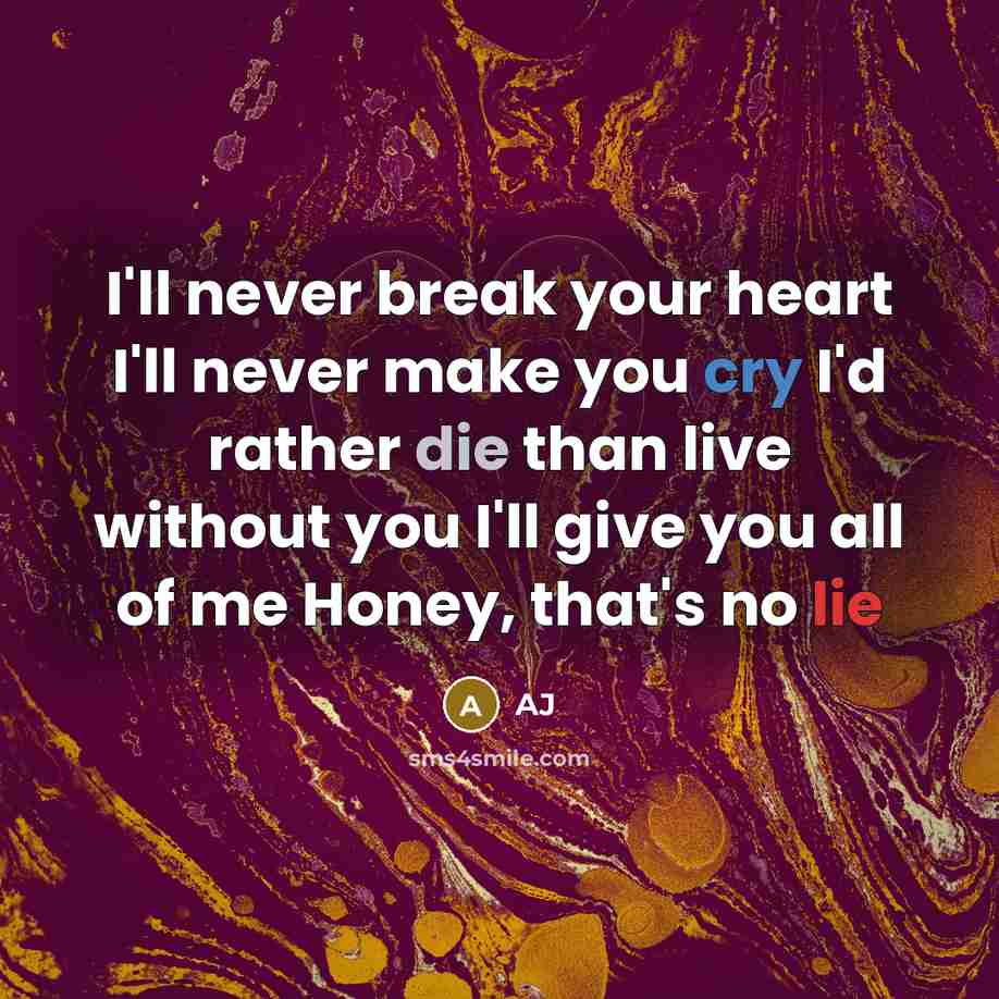 “I'll never break your heart I'll never make you cry I'd rather die than live without you I'll give you all of me Honey, that's no lie” quote by AJ