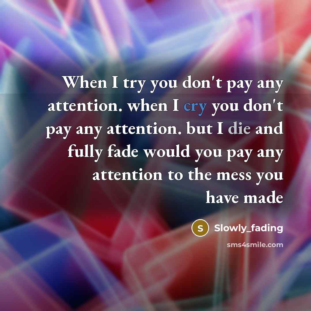 “When I try you don't pay any attention. when I cry you don't pay any attention. but I die and fully fade would you pay any attention to the mess you have made” quote by Slowly_fading