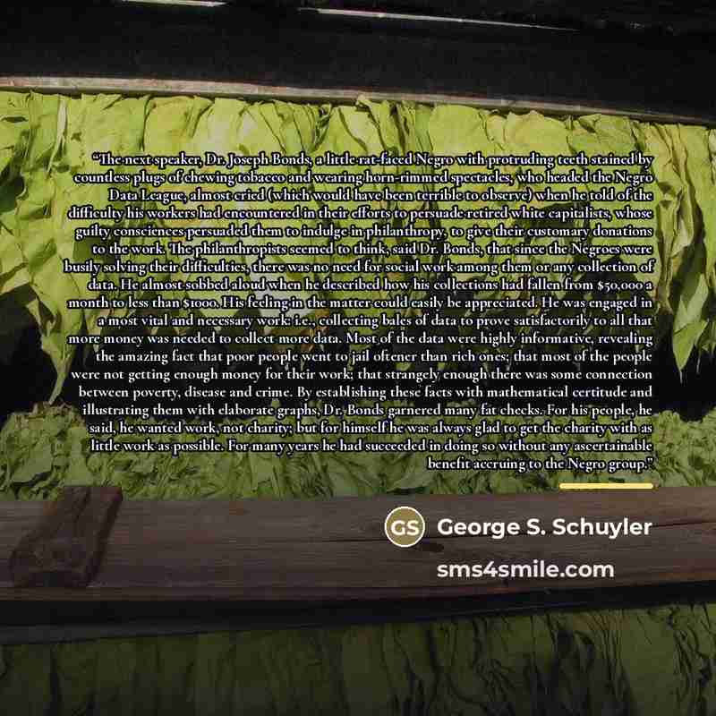 “The next speaker, Dr. Joseph Bonds, a little rat-faced Negro with protruding teeth stained by countless plugs of chewing tobacco and wearing horn-rimmed spectacles, who headed the Negro Data League, almost cried (which would have been terrible to observe) when he told of the difficulty his workers…” quote by George S. Schuyler