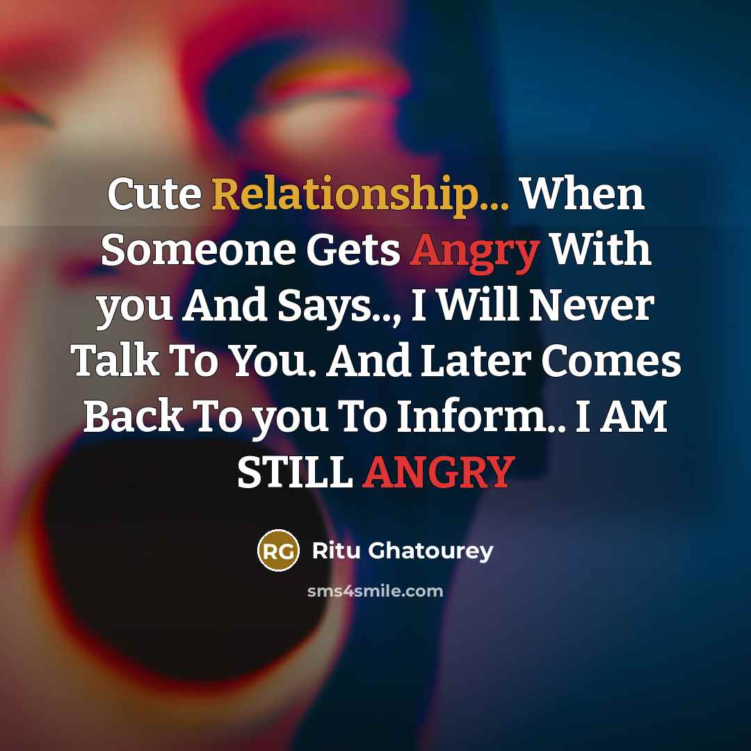 “Cute Relationship... When Someone Gets Angry With you And Says.., I Will Never Talk To You. And Later Comes Back To you To Inform.. I AM STILL ANGRY” quote by Ritu Ghatourey