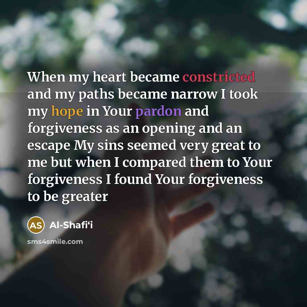 “When my heart became constricted and my paths became narrow I took my hope in Your pardon and forgiveness as an opening and an escape My sins seemed very great to me but when I compared them to Your forgiveness I found Your forgiveness to be greater” quote by Al-Shafi‘i