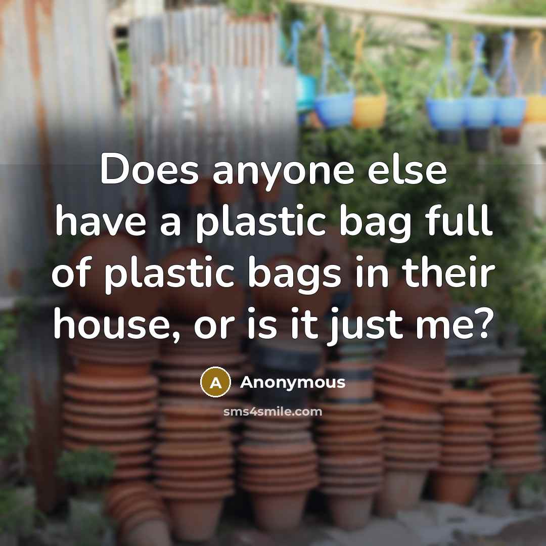 “Does anyone else have a plastic bag full of plastic bags in their house, or is it just me?” quote by Anonymous