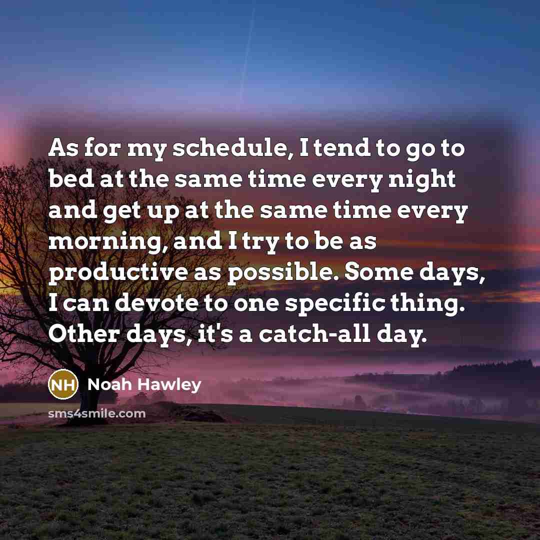 “As for my schedule, I tend to go to bed at the same time every night and get up at the same time every morning, and I try to be as productive as possible. Some days, I can devote to one specific thing. Other days, it's a catch-all day.” quote by Noah Hawley