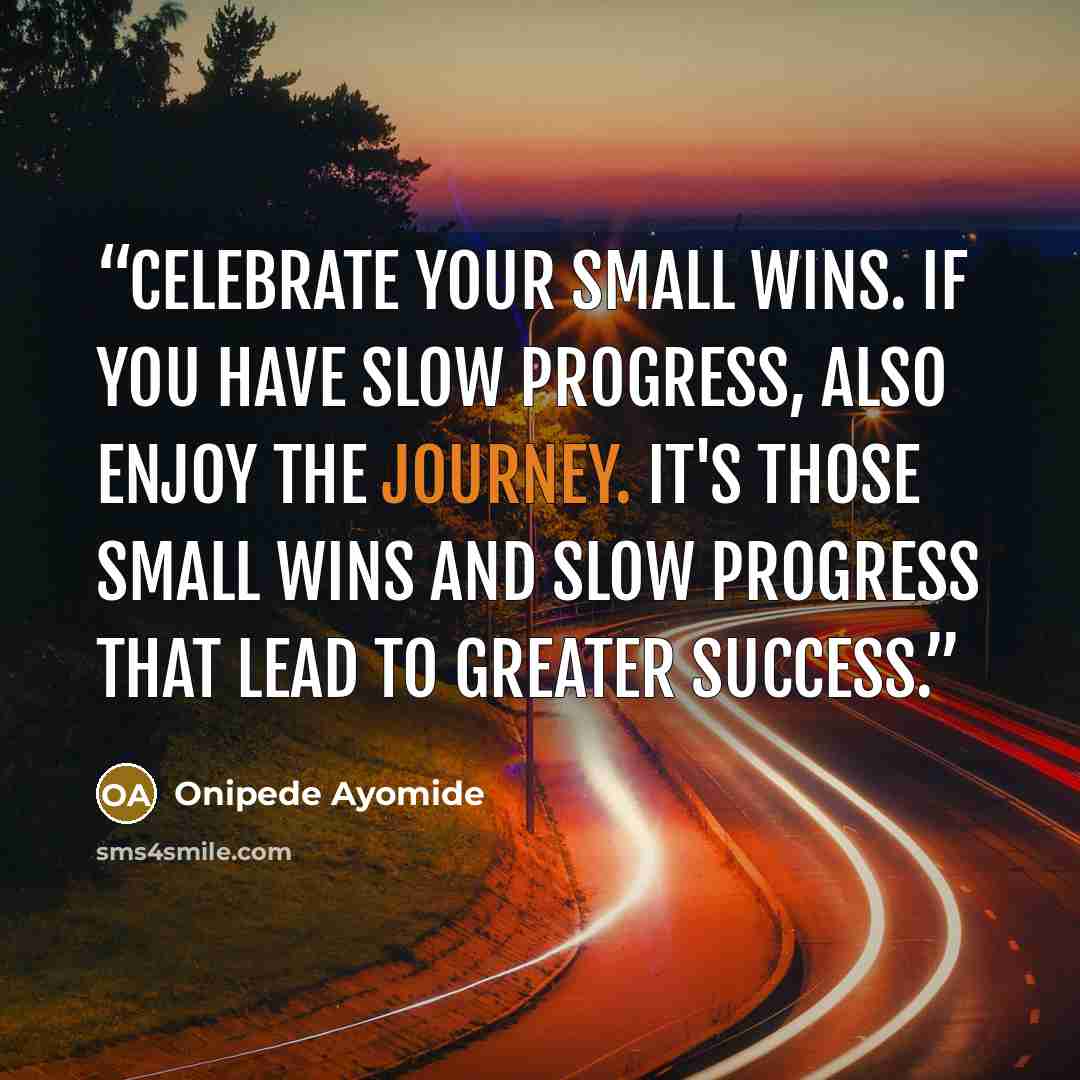 “Celebrate your small wins. If you have slow progress, also enjoy the journey. It's those small wins and slow progress that lead to greater success.” quote by Onipede Ayomide