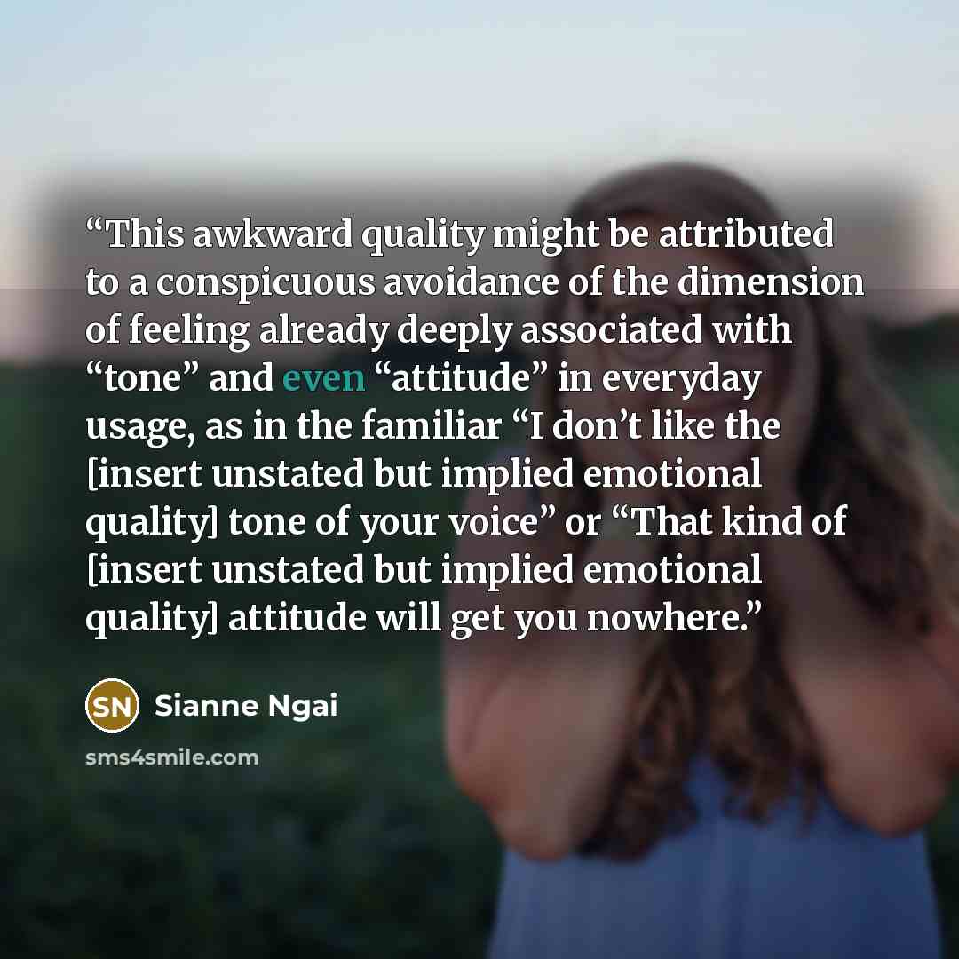 “This awkward quality might be attributed to a conspicuous avoidance of the dimension of feeling already deeply associated with “tone” and even “attitude” in everyday usage, as in the familiar “I don’t like the [insert unstated but implied emotional quality] tone of your voice” or “That kind of…” quote by Sianne Ngai