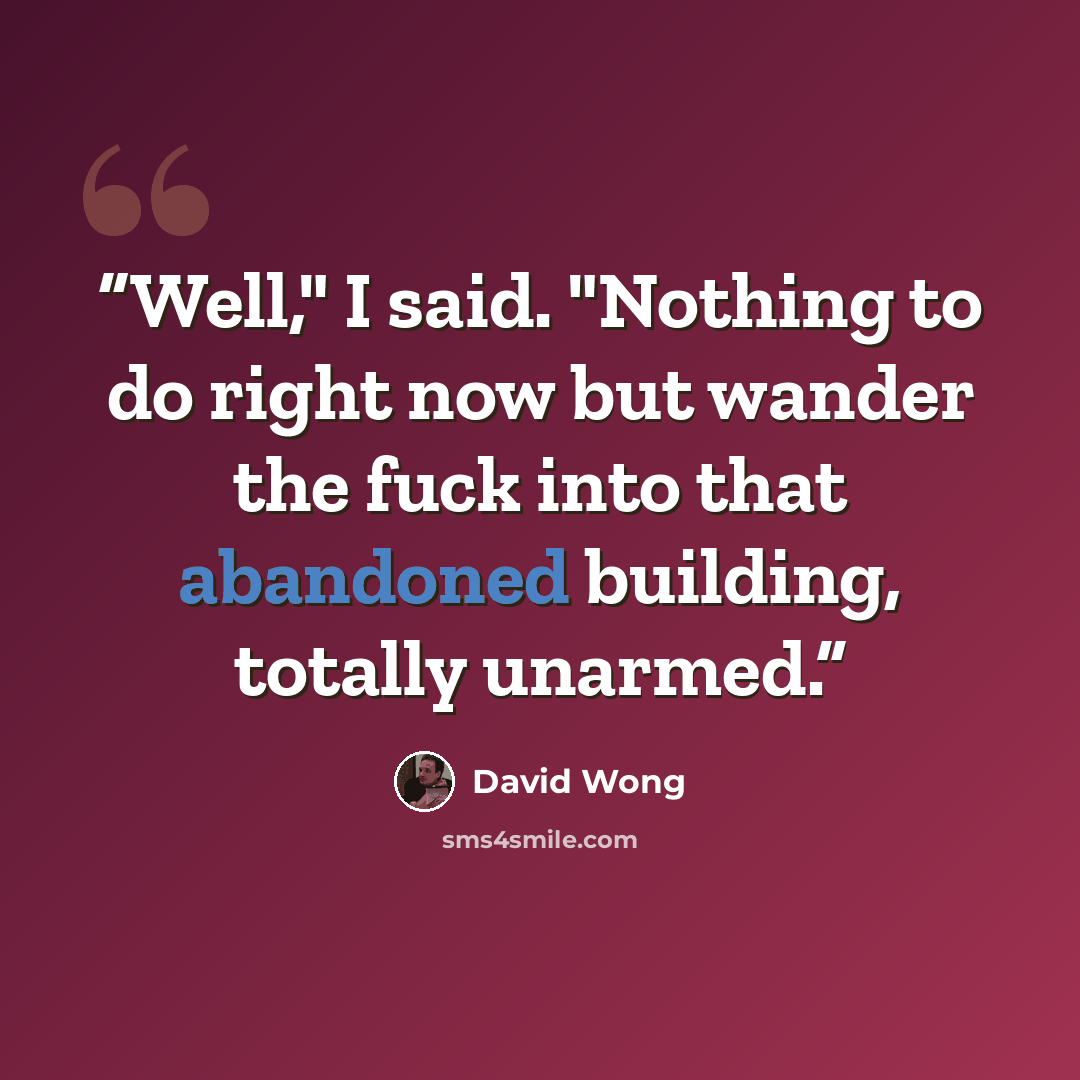 “Well," I said. "Nothing to do right now but wander the fuck into that abandoned building, totally unarmed.” quote by David Wong